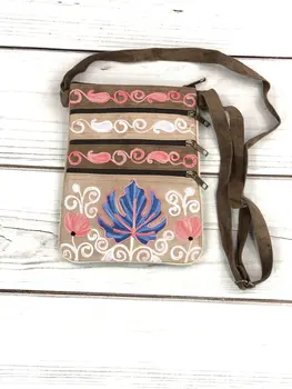 Suede Embroidered Taupe and Blue Five Zipper Crossbody Bag