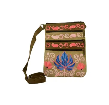 Suede Embroidered Taupe and Blue Five Zipper Crossbody Bag