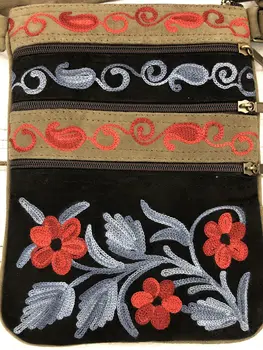 Black And Grey Suede Embroidered Cross-Body Bag
