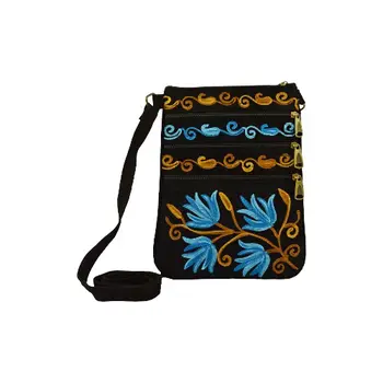 Blue And Black Suede Embroidered Cross-Body Bag
