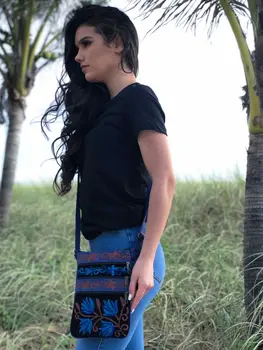 Blue And Black Suede Embroidered Cross-Body Bag