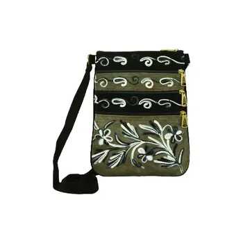 Suede Embroidered Dark Brown and Black Five Zipper Cross Body Bag