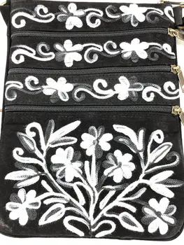 Suede Embroidered Grey and Black Five Zipper Crossbody Bag