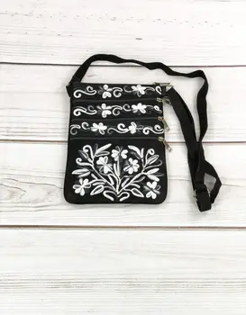 Suede Embroidered Grey and Black Five Zipper Crossbody Bag