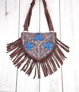 Handmade Suede Embroidered Heart Shaped Bag