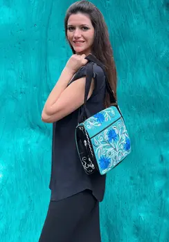 Handmade Blue and Green Suede Embroidered Messenger Bag