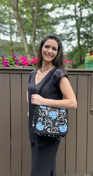 Handmade Blue and Black Suede Embroidered Messenger Bag