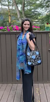 Handmade Blue and Black Suede Embroidered Messenger Bag