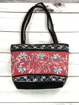 Handmade Red and Black Suede Embroidered Tote Bag