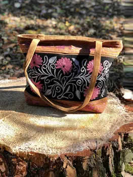 Handmade Black And Pink Suede Embroidered Tote Bag