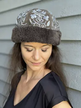 Handmade Suede Grey and Blue Embroidered Hat
