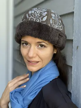 Handmade Suede Grey and Blue Embroidered Hat