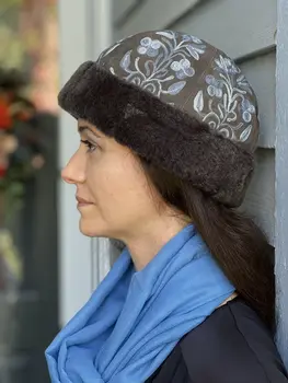 Handmade Suede Grey and Blue Embroidered Hat