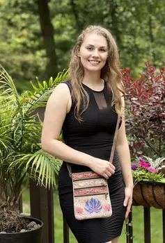 Suede Embroidered Taupe and Blue Five Zipper Crossbody Bag