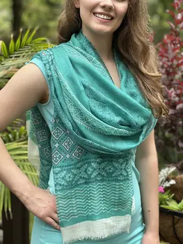 Green Hand Painted Wool And Silk Blend Scarf