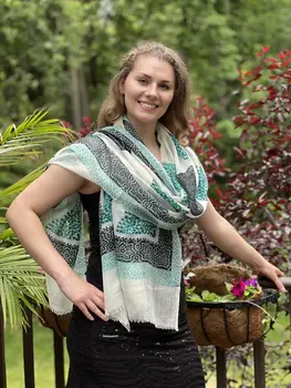 White and Green Hand Painted Wool And Silk Blend Scarf