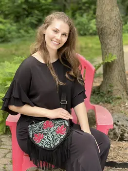 Handmade Green and Red Suede Embroidered Heart Shaped Bag