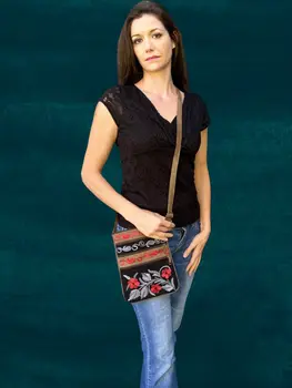 Black And Grey Suede Embroidered Cross-Body Bag