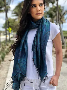 Blue and green Jamawar pashmina scarf