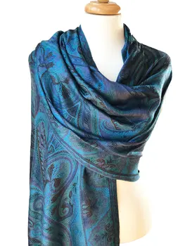 Blue and green Jamawar pashmina scarf