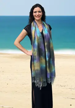 Blue Modal Silk Hand Painted Watercolor Scarf