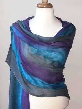 Blue Striped Modal Silk Hand Painted Watercolor Scarf