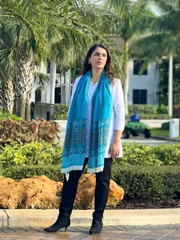 Turquoise Hand Painted Wool And Silk Blend Scarf
