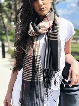 Hand Loomed Black Wool And Silk Check Scarf