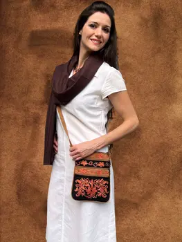 Suede Embroidered Peach and Black Five Zipper Cross Body Bag