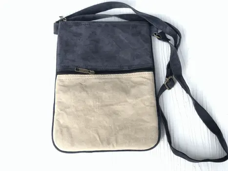 Suede Embroidered Grey and Navy Five Zipper Cross Body Bag