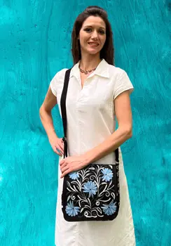 Handmade Blue and Black Suede Embroidered Messenger Bag