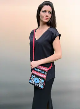 Suede Embroidered Red And Blue Five Zipper Cross-Body Bag