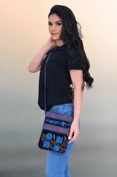 Blue And Black Suede Embroidered Cross-Body Bag