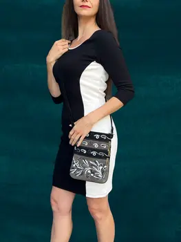 Suede Embroidered Dark Brown and Black Five Zipper Cross Body Bag