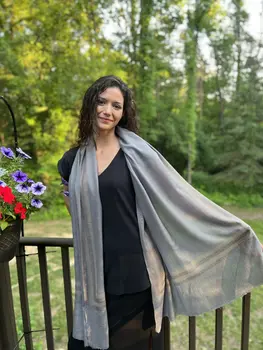 Gray Beaded Wool and Silk Scarf / Wrap