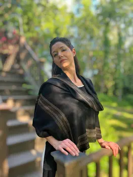 Black Beaded Wool and Silk Scarf / Wrap