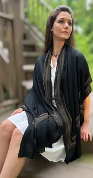 Black Beaded Wool and Silk Scarf / Wrap