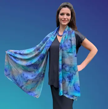 Hand Painted Blue Watercolor Wool & Silk Scarf