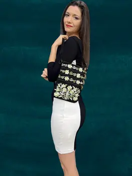 Sage And Black Suede Embroidered Crossbody Bag