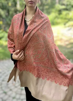 Limited Edition Beige Hand Embroidered Wool Shawl