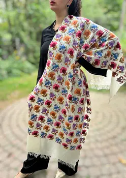 Limited Edition Hand Embroidered White Floral Wool Shawl