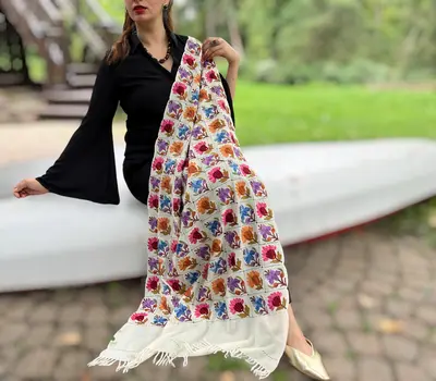 Limited Edition Hand Embroidered White Floral Wool Shawl
