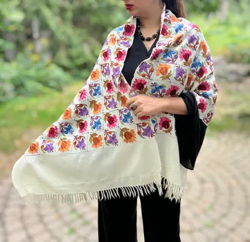 Limited Edition Hand Embroidered White Floral Wool Shawl