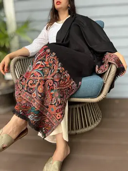 Black Wool Paisley Kashmir Jamawar Pashmina