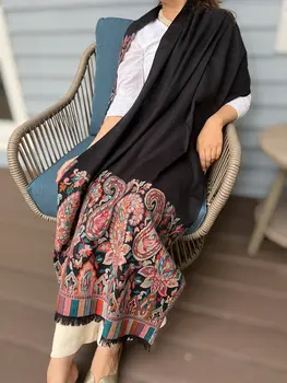Black Wool Kashmir Jamawar Pashmina