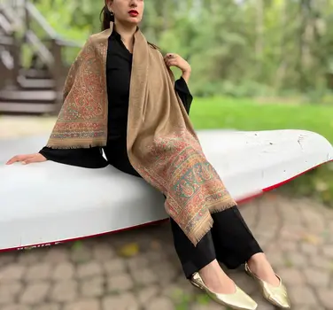 Beige Wool Kashmir Jamawar Pashmina