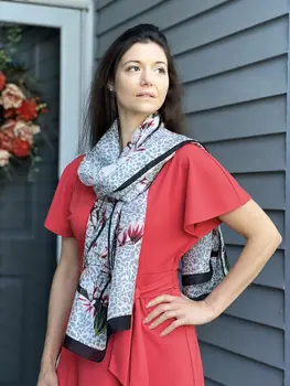 Gray and Black Silk Print Large Scarf