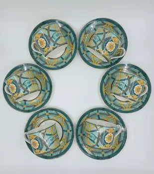 TEACUP & SAUCER SET, Green Coffee Cup, Handmade Vintage, Set of 6