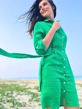 Linen Button Down Dress with Pockets