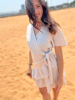 Short Sleeve Summer Linen Wrap Dress